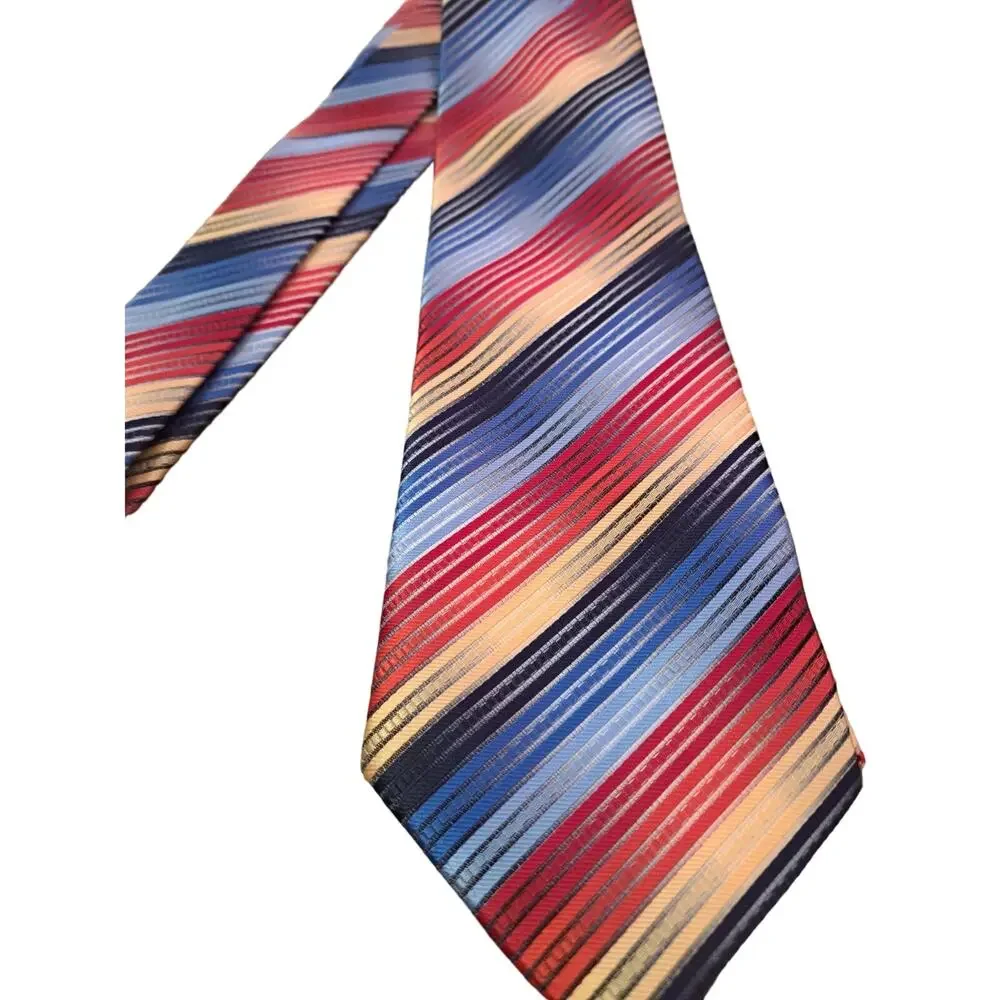 Men's Silk Tie Kai Long Handmade Stripes Blue Yellow Red